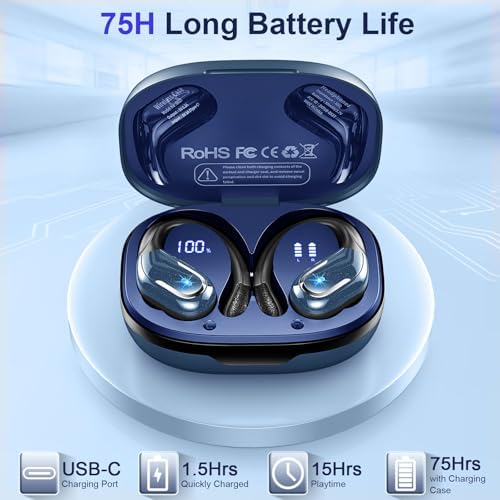 Unleash Your Potential with Bluetooth 5.4 Waterproof Sport Earbuds – 75-Hour Battery Life, Cutting-Edge Noise Cancellation, and Ergonomic Over-Ear Design for Unmatched Comfort – IP7 Waterproof Rated for Ultimate Durability in Active Lifestyles and Running Adventures