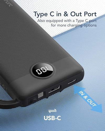 VRURC 10000 m Ah Portable Power Bank with Integrated Cables and LED Battery Indicator – Slim, Lightweight Travel Charger with Dual Input and Five Outputs for Effortless Device Charging – Ideal for Smartphones and Tech Gadgets – Stylish Blue Design (1 Pack) – Ultimate Convenience and Compatibility
