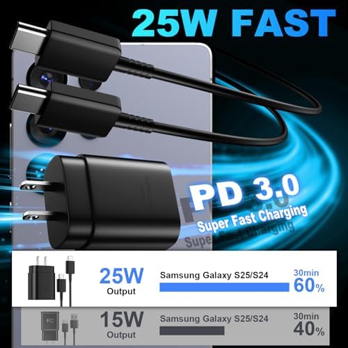 25 W Ultra-Fast Samsung Charger with 6.6 FT USB-C Cable | Rapid Charging Solution for Galaxy S25/S24/S23/S22/S21/Note Series | High-Speed Performance & Safety Features for On-the-Go Users | Ideal for Travel & Everyday Use | Boost Your Device’s Battery Life Effortlessly