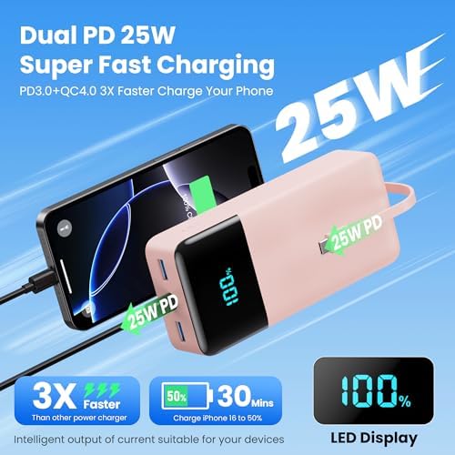 High-Capacity 50800 m Ah Portable Power Bank with 3 Built-In Cables, 25 W PD & QC4.0 Fast Charging – Universal Charging Solution for i Phone 16/15/14/13, Android Devices & More – Smart LCD Display, 6 Outputs & 2 Inputs, Enhanced Safety Features for On-the-Go Power Needs