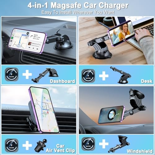 OHLPRO Mag Safe Car Mount Wireless Charger – 15 W Fast Charging Magnetic Phone Holder for i Phone 12-16 Series with Versatile Air Vent and Dashboard Installation – Enhanced Compatibility for On-the-Go Convenience and Safety