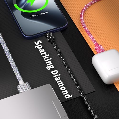 Black Diamond MFi Certified Fast Charging Cable for i Phone – 4 FT USB-A to Lightning Cord with Sparkling Rhinestone Design, Compatible with i Phone 14, 13, 12, 11 Pro Max, XR, XS, X, 8, and 7 – Durable and Stylish Charging Solution for Rapid Power Delivery