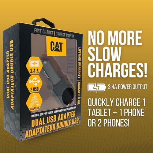 CAT Dual USB Rapid Car Charger – 3.4 AMP Multi-Device Vehicle Adapter for Efficient Charging of Smartphones, Tablets, and More – Compact & Universal Power Solution for On-the-Go Connectivity