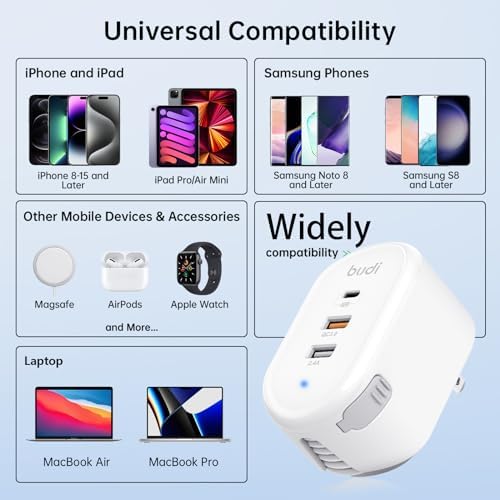 BUDI 33 W Ultra-Slim Travel Wall Charger – Dual USB Fast Charging Adapter for Mac Book, i Pad, i Phone, Samsung Galaxy & More – Compact Design with Advanced Safety Features for Effortless Device Charging