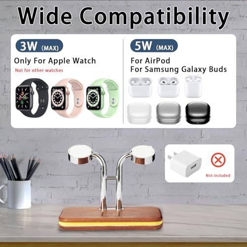 Sleek Dual Wireless Charging Dock for Apple Watch & Air Pods – 10 W Quick Charge Station with Multi-Color LED Status Light | Premium Wooden Finish for All Apple Watch Series & Pro Models | Transform Your Charging Area with Style and Efficiency