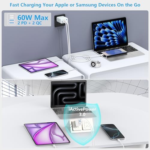 Linocell 2-Pack 60 W 4-Port USB C Charger Block – High-Speed Dual PD & QC Wall Adapter for i Phone 16-11 & Galaxy S25-S24 – Versatile Fast Charging Solution with USB-A Compatibility for Travel and Home Use