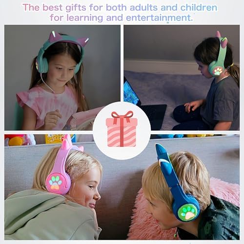 Riwbox CF9 Cat Ear Bluetooth Headphones for Kids – Safe 85 d B Volume Limit, Fun LED Light-Up Design, Dual Microphones for Clear Calls, Perfect for Tablets, Schools, Air Travel & Remote Learning, Lightweight Comfort in Trendy Purple