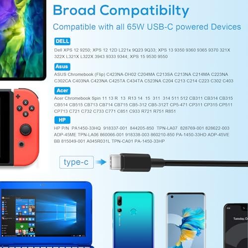 Universal 65 W USB-C Fast Charging Adapter for Chromebooks – High-Speed Power Supply Compatible with Lenovo Think Pad, Yoga, Dell, Acer, and Google Devices – Versatile and Efficient Type-C Charger with Enhanced Compatibility and 24/7 Customer Support