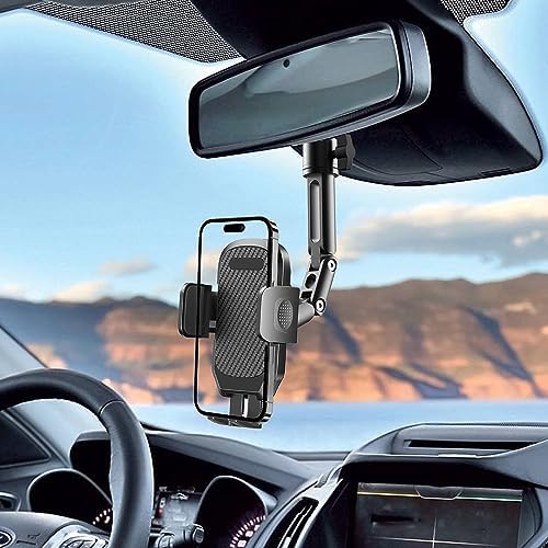 Revolutionary Aluminum Alloy Rear View Mirror Phone Holder – Multi-Angle Adjustable and Rotatable Mount for 4-7 Inch Smartphones – Ultimate Driving Safety and Seamless Connectivity for i Phone and Android Users – Effortless Installation and Modern Design