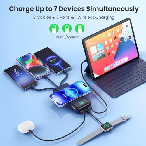 Ultimate 40800 m Ah Multi-Device Wireless Power Bank with Integrated Cables – 15 W Fast Charging Hub for i Phone 16/15/14/13/12 and Samsung Galaxy Series – Exceptional Portability, PD QC 4.0 Technology, LCD Indicator, Lightweight Design for Effortless On-the-Go Power Solutions – Unrivaled Compatibility and Safety Assurance