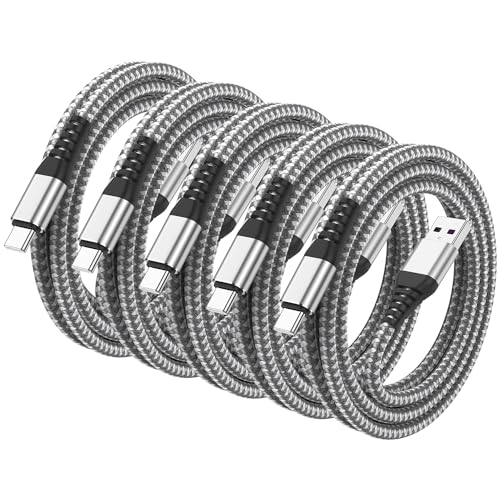 High-Speed Braided USB A to Type C Charger Cable Set – 5 Pack of 6 ft Fast Charging Cables for Samsung Galaxy S Series, Note Series, and Moto G Series – Durable Dark Gray Design for Maximum Flexibility and Compatibility