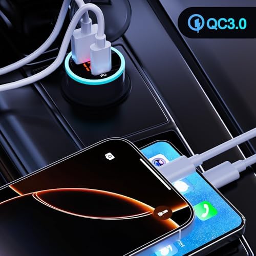 20 W Dual-Port USB-C Car Charger with Power Delivery & Quick Charge 3.0 – LED Voltage Display for Real-Time Monitoring – High-Speed Charging for i Phone, Samsung, and Android Devices in 12 V/24 V Vehicles – Ideal for Family Trips and Daily Commuting