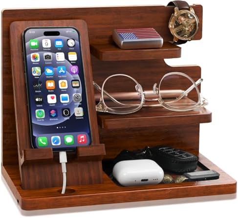 Wood Phone Docking Station for Men – Desk or Nightstand Organizer – Birthday Gifts for Husband, Dad – Anniversary Idea from Wife – Key Holder, Stand Wallet, Watch & Essentials – Enhanced Compatibility and Speed