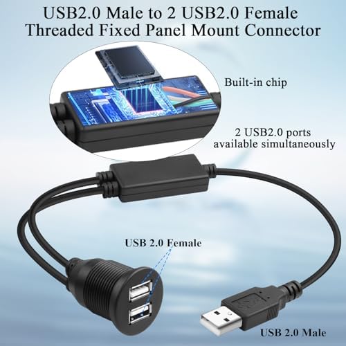 QIANRENON USB 1 to 2 Flush Mount Adapter Short Cable USB2.0 Male to 2 USB2.0 Female Threaded Fixed Panel Mount Connector, with Chip, Simultaneou 480Mbps Data Transfer 5V/2A Charging, 35cm/13.8in – Enhanced Compatibility and Speed
