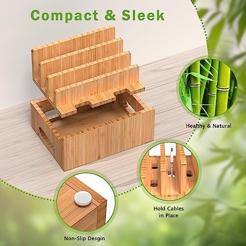 Eco-Friendly Bamboo 5-Port USB Charging Station: Versatile Multi-Device Organizer with Smartwatch and Earbuds Stand for Efficient Power Management – Perfect for Home and Office Use