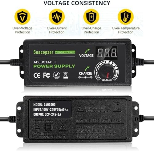 Versatile Universal Adjustable AC/DC Power Supply Adapter – 3 A, 72 W Output, 9 V to 24 V Range – Dual Connector Compatibility (5.5 x 2.1 mm & 5.5 x 2.5 mm) – Optimal Power Solution for Home Electronics with Advanced Safety Features and Global Input Voltage Support