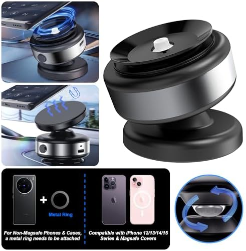 Revolutionary 360-Degree Adjustable Vacuum Magnetic Phone Holder for Vehicles – Effortless Hands-Free Operation with Superior Stability and Enhanced Compatibility for i Phone 16/15/14/13/12 and More – Ideal Car Accessory for Navigation and Streaming
