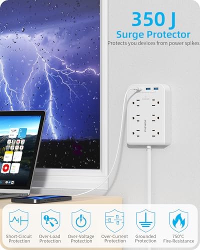 5 FT Ultra Thin Power Strip with 6 AC Outlets & 4 USB Ports (2 USB-C) – Sleek Surge Protector for Home & Office Charging Solutions, Compact Wall Charger for Efficient Power Distribution and Device Safety