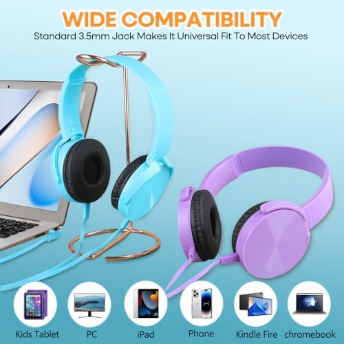 Exceptional Wireless Comfort for Learning – 2 Pack Kids Headphones with Soft Swivel Ear Pads for Engaging Online Education, Stylish Light Blue & Purple On-Ear Designs Ideal for School Use and Virtual Classrooms, Durable Wired Connectivity for Laptops and Meetings