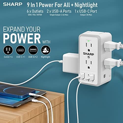 Ultimate Sharp Surge Protector Wall Charger with 6 Spacious Outlets, Rapid Charging, Dual USB-A & USB Type-C Ports, Adaptive Nightlight – Exceptional Device Compatibility & Efficiency for Home or Office Use