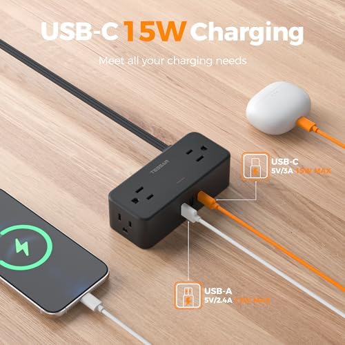 TESSAN 5 FT Flat Plug Extension Cord with 4 AC Outlets, 1 USB-C & 2 USB-A Ports – 900 Joules Surge Protector Power Strip for Home Office & Dorm Room – Maximize Charging Efficiency & Space Savings with Versatile Power Accessory