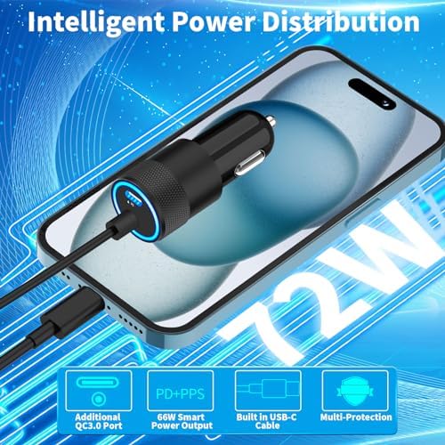 BAOYUANDA 72 W Dual Port USB-C Car Charger for i Phone 16 Series – MFi Certified Fast Charging Solution with 2 Durable Type C Cables for i Pad Pro, Android & More – Ultimate Compatibility for On-the-Go Power Management