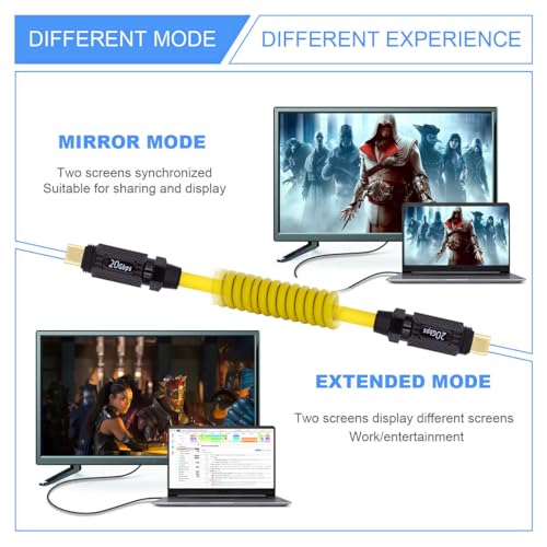 xiwai Stretch Coiled USB-C USB4 Cable with Smart LED Display 20Gbps 100W 8K for Laptop Disk Phone Type-C Male to Male Cable Power & Data 180cm – Enhanced Compatibility and Speed