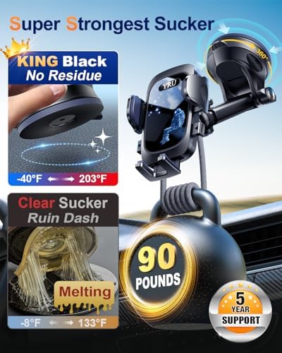 YRU 2025 Military-Grade 360° Rotatable Suction Car Phone Holder – Ultimate Dashboard & Windshield Mount for i Phone 16/15 Pro Max & Samsung – Unmatched 90+ LBS Capacity, Enhanced Compatibility & Easy Installation – Secure, Durable, and Versatile Universal Cradle for Safe Hands-Free Navigation