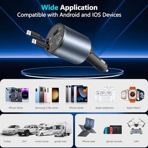 Paiholy 66 W 4-in-1 Retractable Car Charger – Dual USB Fast Charging Station with Dual i Phone Cables for i Phone 14/13/12/11 Pro Max/XS MAX and i Pad – Real-Time Voltage Display, Compact Design for Effortless Travel Convenience