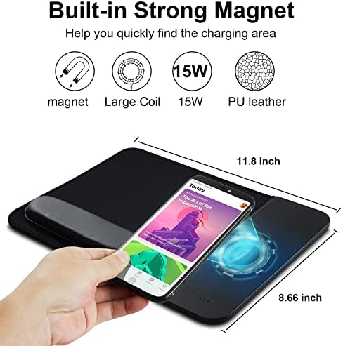 Transform Your Desk with the 15 W Ergonomic Wireless Charging Mouse Pad – Fast Qi Charging for i Phone 11-16 & Samsung Devices – Stylish Black With Detachable Wrist Support for Ultimate Comfort and Productivity