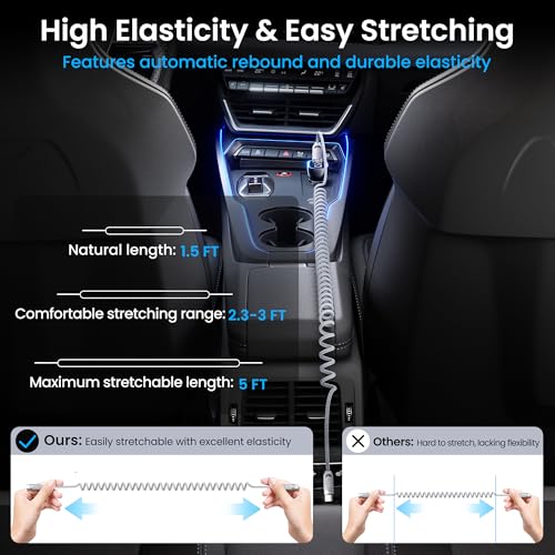 Coiled USB A to USB C 2Pack 3FT Braided Retractable Fast Charging Cable for Car, Compatible with iPhone 16/15 Pro Max/Galaxy S24/S23/S22, Supports Car Play & Android Auto-Black – Enhanced Compatibility and Speed