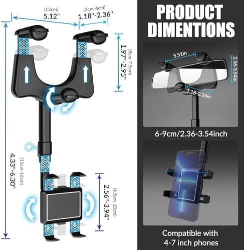 SXhyf Premium Rear View Mirror Phone Holder – 360-Degree Rotatable & Retractable Mount for i Phone & Samsung – Universal Fit for Enhanced Safety & Connectivity – Effortless Installation & Sleek Design for Every Driver