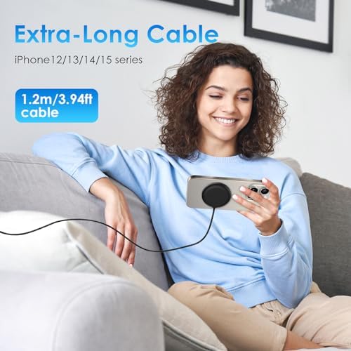 Ultra-Fast Qi2 Magnetic Wireless Charger – 15 W Mag Safe Charging Solution with 1.2 m Cable for i Phone 12/13/14/15 & Air Pods – Effortless Snap-On Design for Enhanced Compatibility and Portability