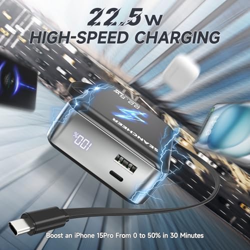 Ultra-Compact 10000 m Ah Power Bank with 22.5 W Fast Charge and Retractable 2.3 ft USB-C Cable | Triple Device Charging for i Phone 16/15, Samsung & Android | Lightweight Mini Charger with LED Battery Monitor | Essential for Professionals & Adventurers | Premium Gift-Ready Design