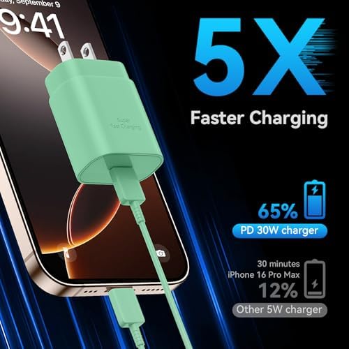 Auorld 30 W USB-C Fast Charger with 10 FT Cable – High-Performance Rapid Charging for i Phone 15/16, i Pad, Samsung Galaxy & Google Pixel – Stylish Purple Design for Maximum Flexibility and Compatibility on the Go