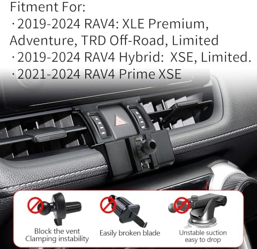 Premium Gravity Phone Holder for 2019-2025 Toyota RAV4 – Auto Lock Design for Secure Navigation & Hands-Free Operation – Compatible with LX, XLE, Hybrid, LE, SE, Prime, & Woodland Models – Tool-Free Installation & Adjustable Viewing Angles for Enhanced Driving Safety