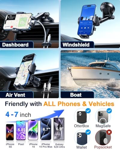 YRU 2025 Military-Grade 360° Rotatable Suction Car Phone Holder – Ultimate Dashboard & Windshield Mount for i Phone 16/15 Pro Max & Samsung – Unmatched 90+ LBS Capacity, Enhanced Compatibility & Easy Installation – Secure, Durable, and Versatile Universal Cradle for Safe Hands-Free Navigation