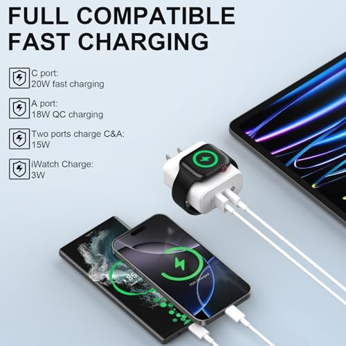 Ultimate 3-in-1 USB C Fast Charging Station for Apple Watch & i Phone – MFi Certified 23 W Dual Port Magnetic Wireless Charger for Series 1-10 & Ultra – Compact Travel Essential for Efficient Device Power and Seamless Organization