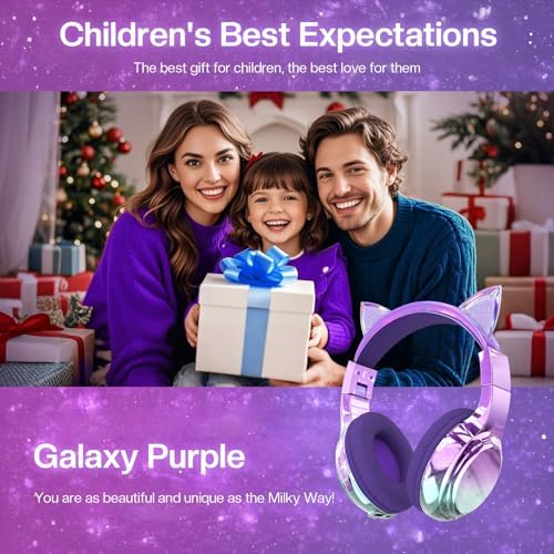 Elevate Your Child’s Listening Experience with Qear Fun Purple Cat Ear Bluetooth Headphones – 60 Hours of Playtime, Safe Volume Control (74/85/94 d B), Ultra-Portable Foldable Design, Advanced Bluetooth 5.3 Connectivity, and Built-in Mic for Girls – Perfect for School, Travel, and On-the-Go Fun