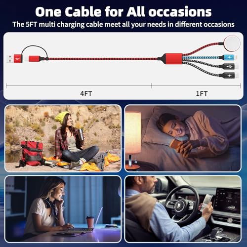 Ultimate 4-in-2 Multi-Device Travel Charging Cable – Dual USB-C & Lightning Connectors for Apple Watch and i Phone – 5 FT Length for Maximum Flexibility – Essential On-the-Go Power Solution – 2 Pack for Seamless Charging Anywhere – Experience Efficient Connectivity and Convenience