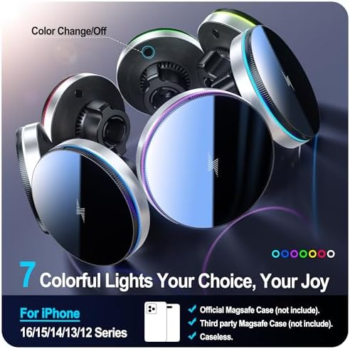 Experience Ultimate Driving Convenience with the Beser Mag Safe Car Mount Charger – 15 W Qi Wireless Charging for i Phone 15/14/13/12 Series, Powerful 4.13 lbf Magnetic Hold, Multi-Purpose Dashboard/Vent Phone Holder, Customizable 7-Color LED Lights, Premium Aluminum Design in Sleek Silver Finish