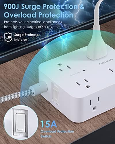 HANYCONY 6 ft Surge Protector Power Strip with 8 Outlets & 2 USB-C Ports – Essential College Dorm Extension Cord with Space-Saving Flat Plug for Fast Charging and Device Safety – Perfect for Home Office and Tech Needs