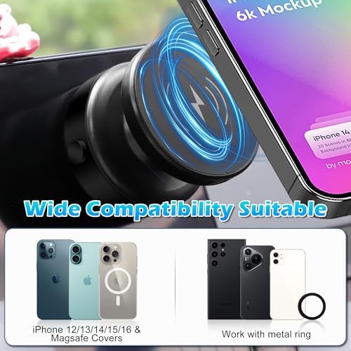 Boxgear 15W for MagSafe Wireless Charger Car Mount, 360° Adjustable N52 Magnetic Suction Phone Mount, Vacuum Phone Holder for Car Screen/Windshield/Smooth Surface, Compatible with iPhone (Style 2) – Enhanced Compatibility and Speed