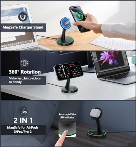 Efficient Magnetic Wireless Charging Stand – 15 W Fast Mag Safe Charger for i Phone 16 Series & Earlier, Sleep-Friendly Indicator Light, Sleek Design, Enhanced Compatibility & Quick Charge for Air Pods – Ultimate Cordless Convenience