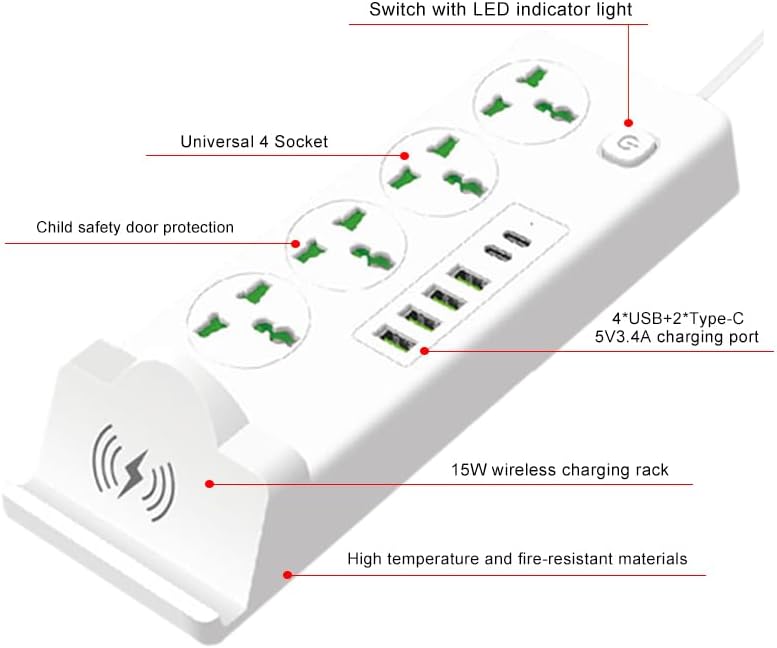 Universal Power Socket with Wireless Charging Pad – Multi-Device Desktop Charging Station Featuring 4 AC Outlets, 4 USB Ports & 2 Type-C Ports, Fire-Resistant Design for Enhanced Safety – Ideal for Home, Office, and Travel Use