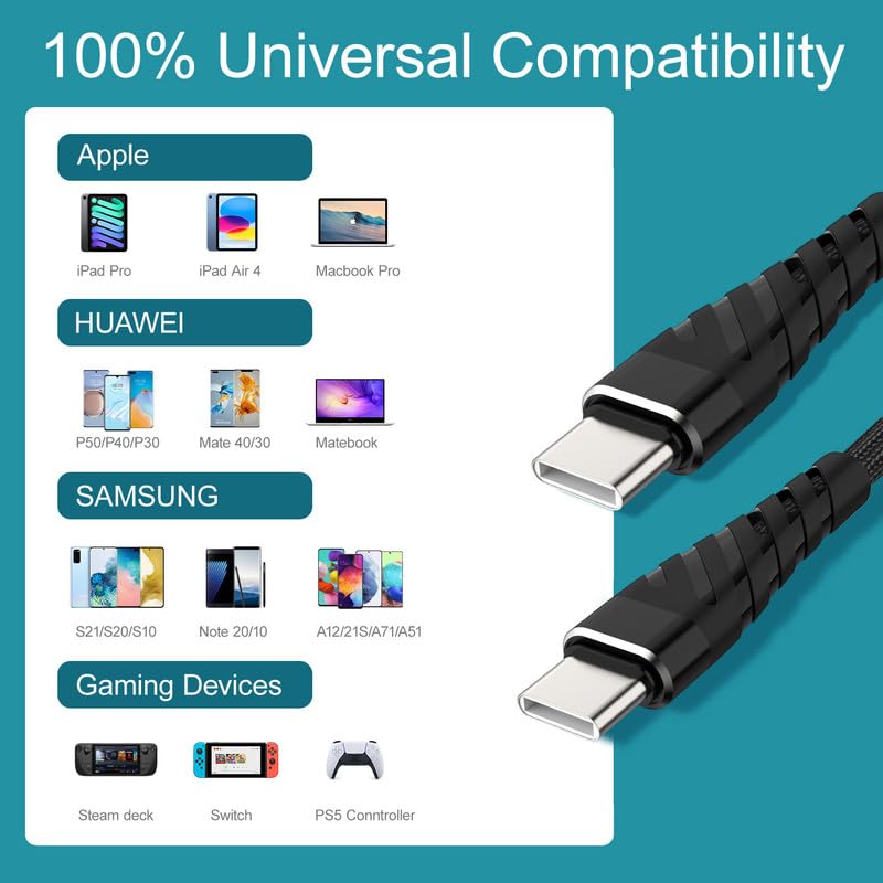 60 W Fast Charging USB C to USB C Cable – 10 FT Durable Braided Charger Cord for i Phone 16/15, Samsung, Android, Huawei, Google, Mac Book & More – Unmatched Compatibility & High-Speed Data Transfer