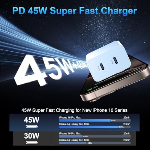 Power Up Your Devices Instantly with the 45 W Dual USB-C Fast Charger for i Phone 16 Series – Includes 6.6 FT USB-C Cable for Maximum Convenience and Compatibility with Pad Pro/Air, Galaxy S25/S24, and More – Compact, Reliable, and Efficient Charging Solution
