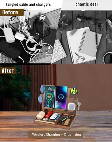 Eco-Friendly Wireless Charging Station for Samsung Devices – Dual Phone Charger, Galaxy Watch & Buds Dock with Elegant Wood Design – Nightstand Organizer & Desk Tray for Stylish Men – Quick Charge & Clutter-Free Convenience