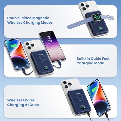 Magnetic Portable Charger 10800 m Ah – 6-in-1 Wireless Power Bank with Built-in Cables for i Phone & Apple Watch – 20 W PD Fast Charging Battery Pack in Stylish Blue – Ultimate On-the-Go Charging Solution with Enhanced Compatibility and Secure Magnetic Connection