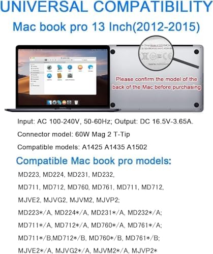 Universal Mac Book Pro & Air Charger – 60 W Power Adapter with T-Tip Connector for 11″ & 13″ Models (2012-2017) – Fast Charging, Enhanced Compatibility & 24/7 Customer Support – Ideal Replacement for A1425, A1502, A1466, A1465 – Stay Powered Up with LED Charge Indicators